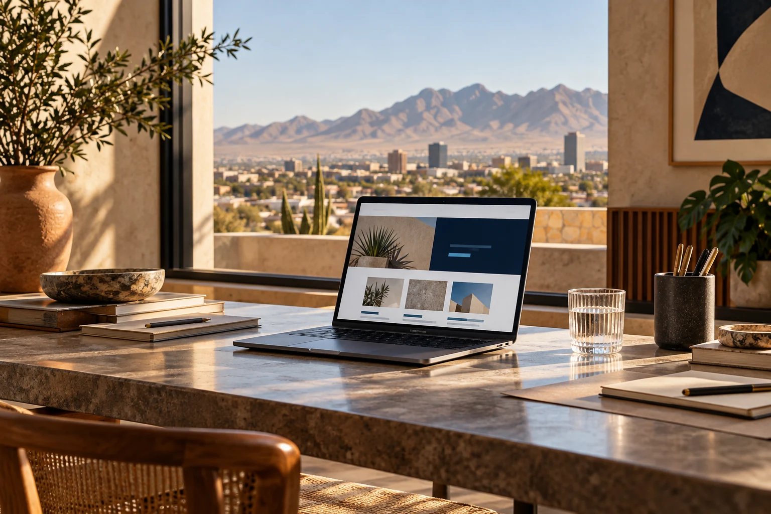 Espacio de trabajo editorial con una web en laptop y paisaje desértico, imagen generada.